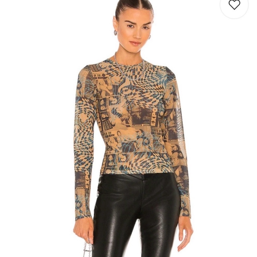 Miaou Graphic Long Sleeve Top in Tan and Blue